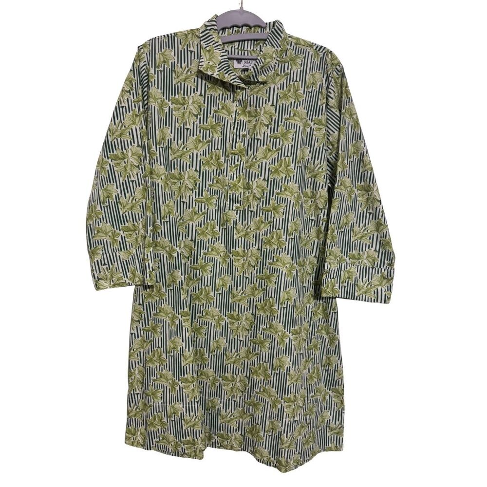 HOLLY SHAE Cotton Swing Dress XS M Green White Leaf Print 3/4 Sleeve Collared